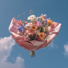 Bouquet wrapped in pink floats mid-air against a cloudy blue sky