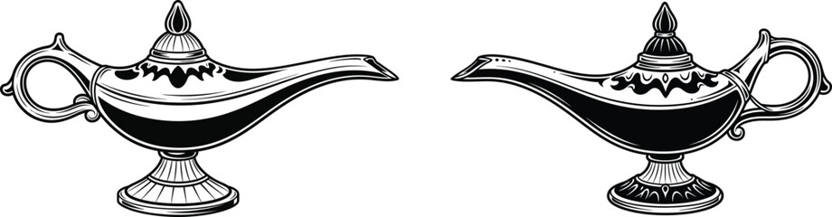 Two antique style metal oil lamps with ornate designs