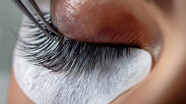 Close-up of eyelash extension procedure with tweezers on closed eye, beauty salon treatment concept