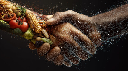 A symbolic image of a human handshake where one hand is made of vegetables, grains, and food, combined with digital network lines, representing sustainable nutrition, food technology, and future human