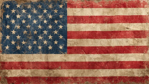 Weathered, textured depiction of the United States flag. Faded colors with a vintage, aged look