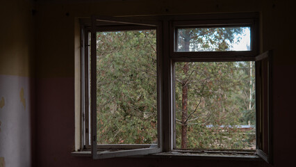 Two open windows revealing green trees outside. The room has light coming in, and there are signs of wear on the walls from age and use.