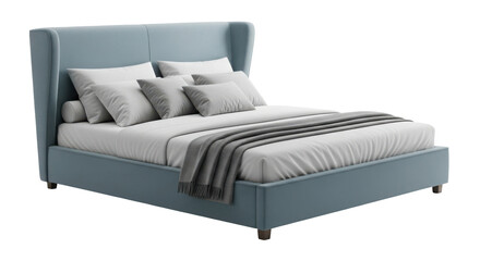Modern bed with gray upholstered headboard and comfortable pillows isolated on transparent background