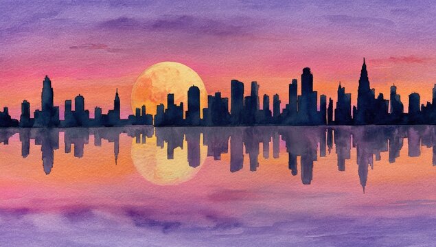 Watercolor cityscape silhouette reflecting in water beneath a vibrant sunset and full moon - Powered by Adobe