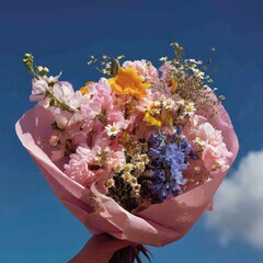 Colorful bouquet of flowers held against a vivid blue sky