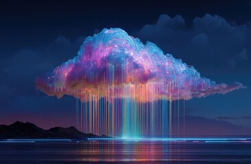 Digital cloudscape showing a luminescent cloud formation raining vibrant, multi-colored data streams over water