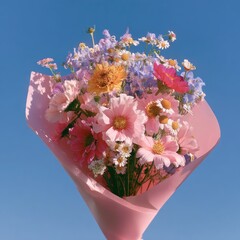 Colorful flower bouquet wrapped in pink paper against blue sky