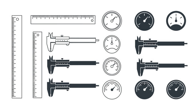 Collection of precision measurement tools rulers calipers and pressure gauges