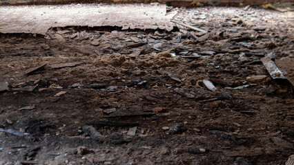 Dust and debris cover the wooden floor of a room, revealing signs of decay and neglect. Sunlight comes through the window, highlighting the condition of the floor.