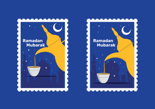 Festive Ramadan Mubarak illustration featuring a traditional Arabic dallah coffee pot pouring coffee into a cup under a crescent moon and starry night sky. The design is presented in a postage stamp&ndash;s
