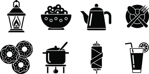 Black and white icons of food and drink items
