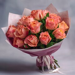 Peach roses bouquet, wrapped in tissue, ribbon, soft focus backdrop