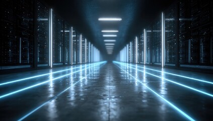 Futuristic data center hallway with glowing blue and white lights, symmetrical perspective