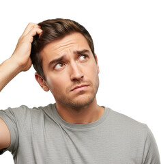 Fototapeta premium Confused young man pondering life choices in environment isolated on transparent background