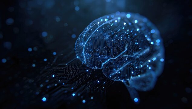 Futuristic digital representation of a brain, rendered with circuits and glowing nodes - Powered by Adobe