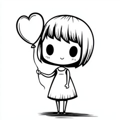 Obraz premium Cute cartoon girl with heart balloon illustration, hand-drawn and charming.