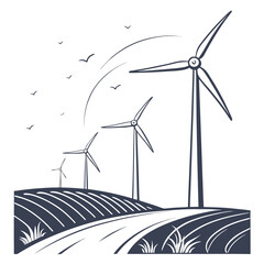 Wind turbines on rolling hills with birds flying overhead