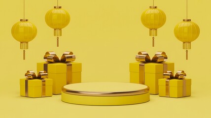 Luxury yellow product display podium with gifts and lanterns
