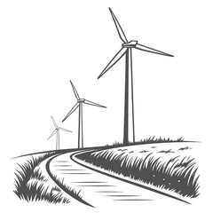 Monochrome of wind turbines on a grassy hill with a curved path