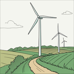 Wind turbines in a green landscape with a dirt road