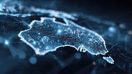 Digital rendering of a landmass outlined with glowing lines and points, with a futuristic look