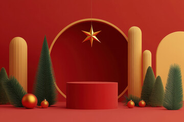 Festive red and gold Christmas scene with podium and fir trees for product display. A minimalist holiday display featuring a red podium, stylized Christmas trees, golden baubles, and a star ornament