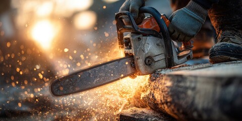 A close-up view of a chainsaw cutting wood, sparks flying, with the person's gloved hands visible