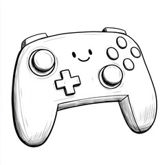 Monochrome illustration of a video game controller with a smiley face.