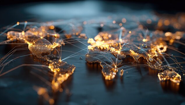 Illuminated global map with interconnected lines, representing digital or physical connections - Powered by Adobe