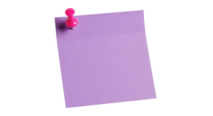 Purple note paper with pink push pin isolated on transparent background