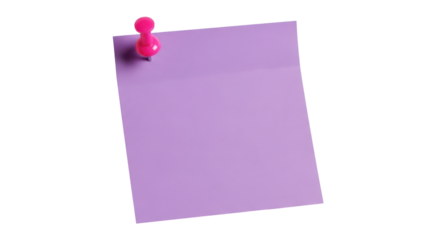 Purple note paper with pink push pin isolated on transparent background