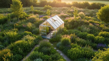 Sunlight illuminating a glass greenhouse nestled in a lush, blooming garden with winding pebble paths, symbolizing sustainable agriculture and tranquil cultivation.