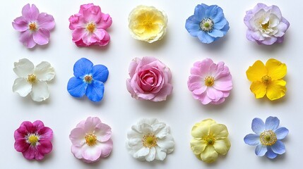Varied flowers on a flat white surface