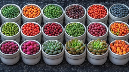 Varied plants in pots sit on dark background