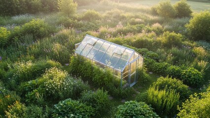 Small greenhouse in a lush green garden setting, aerial view. Organic gardening and sustainable living concept for nature and agriculture themes.