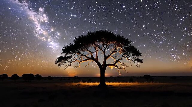 Time-lapse of the Milky Way moving across the night sky. A silhouetted acacia tree in the African savanna at sunset. Astronomy and universe concept with a cinematic zoom out