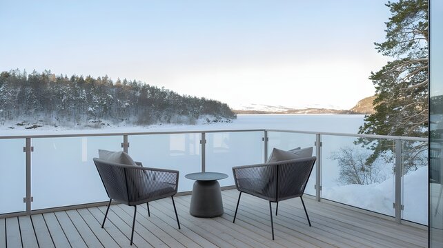 Two modern chairs on a balcony overlooking a snowy forest