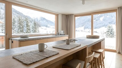 Modern kitchen with wooden furniture overlooking snowy mountain landscape