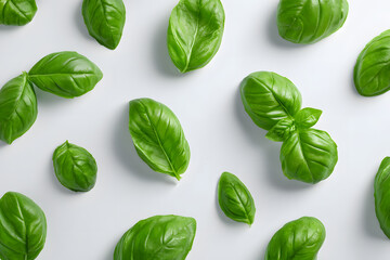 Obraz premium Fresh green basil leaves arranged on a light background showing vibrant color and texture