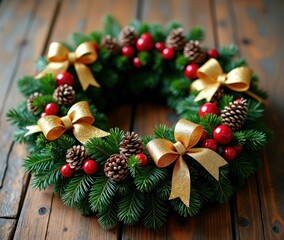 A beautifully arranged Christmas wreath adorned with red berries, pine cones, and golden bows, perfect for holiday decorations.