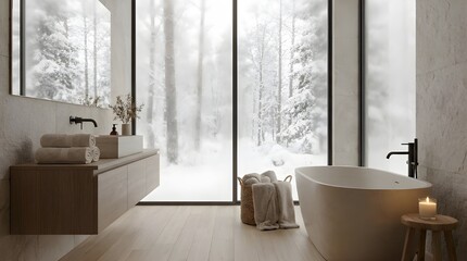 Modern minimalist bathroom featuring freestanding bathtub and snowy forest view