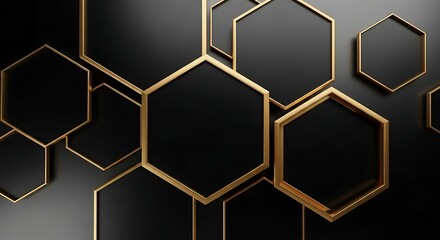 Golden Hexagons on Black Background Design.