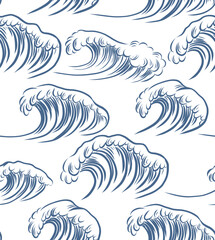 Seamless ocean wave vector pattern in hand drawn engraving style. Blue and white color palette inspired by Japanese art.