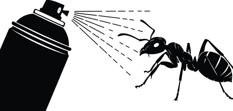 Black silhouette illustration of insect spray attacking ant symbolizing pest control, insecticide use, household safety, hygiene protection, and extermination concept