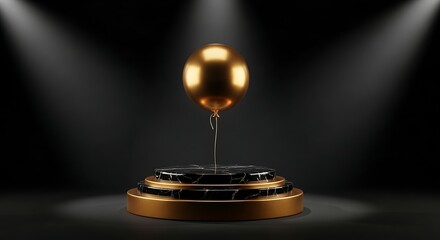 Golden sphere on rotating pedestal stage.