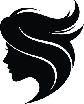 Elegant female face silhouette with flowing hair in minimalist black vector style isolated on white background for beauty branding