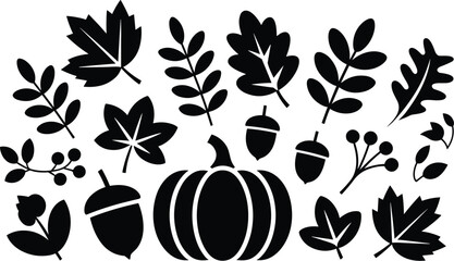 Black silhouette pumpkin, autumn leaves, acorns, berries, flower, fall season decoration, harvest symbol, Thanksgiving design, seasonal foliage, vector illustration, rustic nature art © meri999
