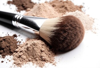 Extreme closeup of makeup brush with powder-coated bristles, cosmetic concept
