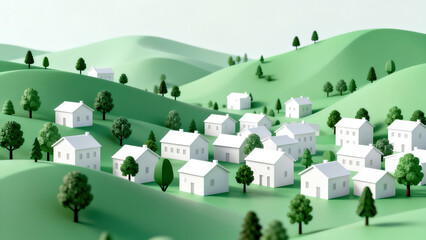 Light Green Low-Poly Village 3D Scene