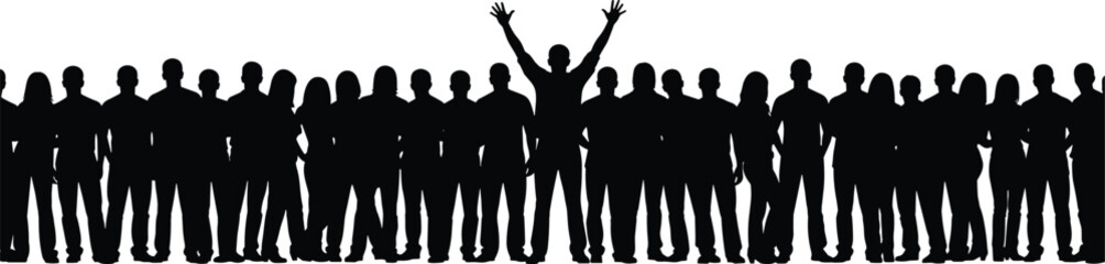 Large crowd silhouette with one raised hands person standing out, leadership concept, individuality and success in group illustration